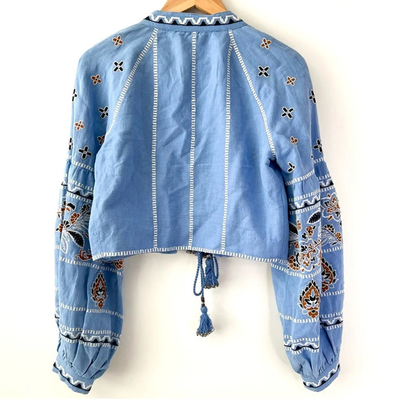 VERONICA BEARD || Rivoli Embroidered Tassel-Tie Cropped Jacket Blue Linen xs - Picture 9 of 13